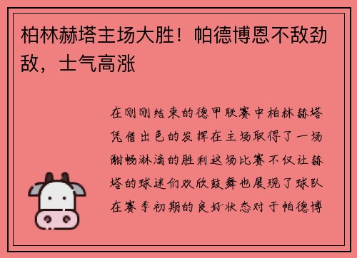 柏林赫塔主场大胜！帕德博恩不敌劲敌，士气高涨