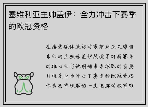 塞维利亚主帅盖伊:全力冲击下赛季的欧冠资格